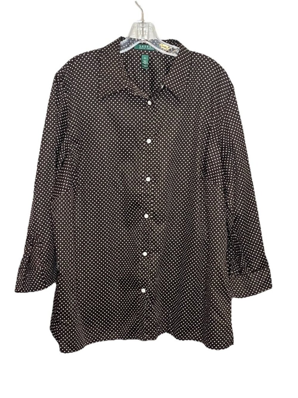 Lauren Ralph Lauren 2X Brown White Polka Dot Button Front Shirt Blouse Cotton